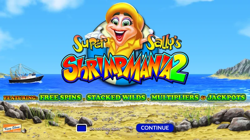 Super Sally's Shrimpmania 2 — galvenais ekrāns ar 5×4 ruļļiem un 40 izmaksu līniju režģi